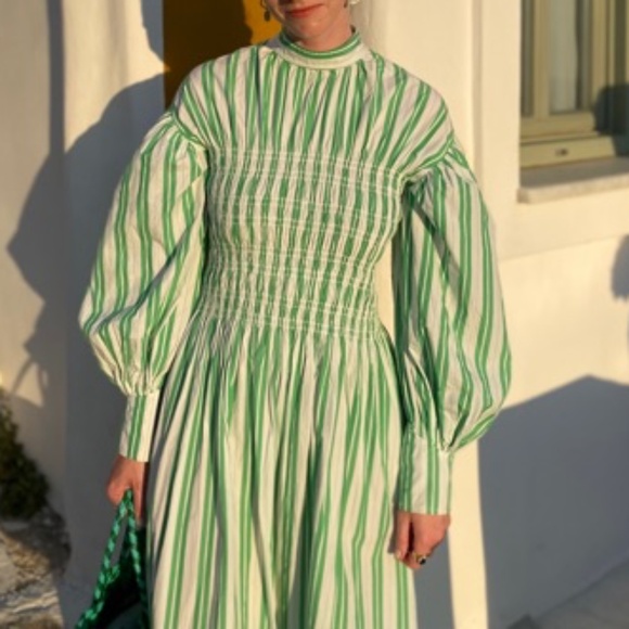 Ganni Balloon Sleeve Striped Cotton Dress with smocked middle - Picture 14 of 14